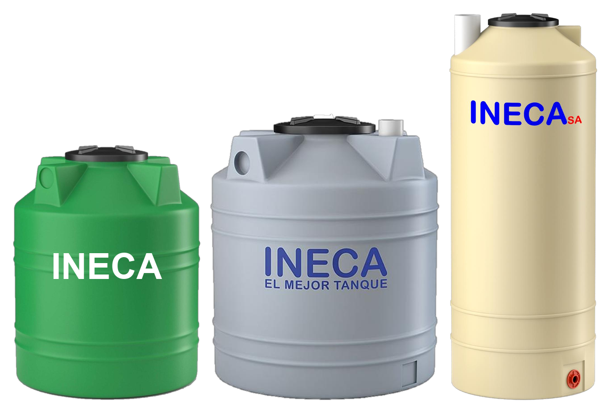 Tanques acumuladores de agua de lluvia INECA: verde, gris y beige con caño colector