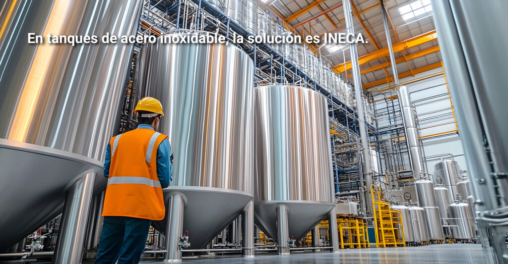 operario controlando tanques industriales de acero inoxidable